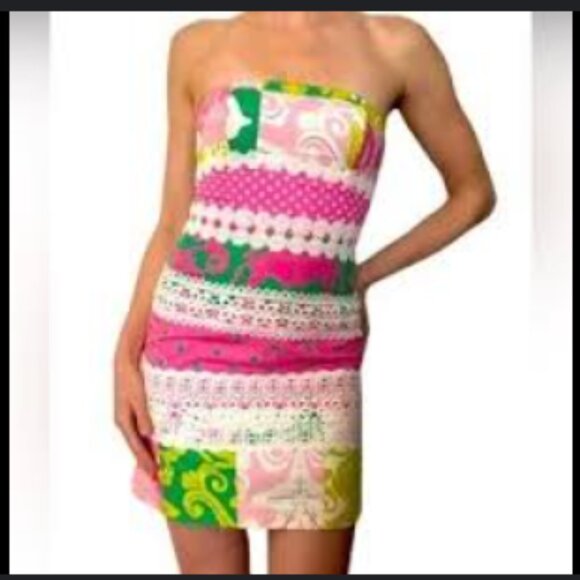 Womens Lilly Pulitzer Vintage Pink Green Patchwork Lace Strapless Dress Preppy 8 - Picture 2 of 4